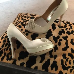Badgley Mishka white satin wedding shoes